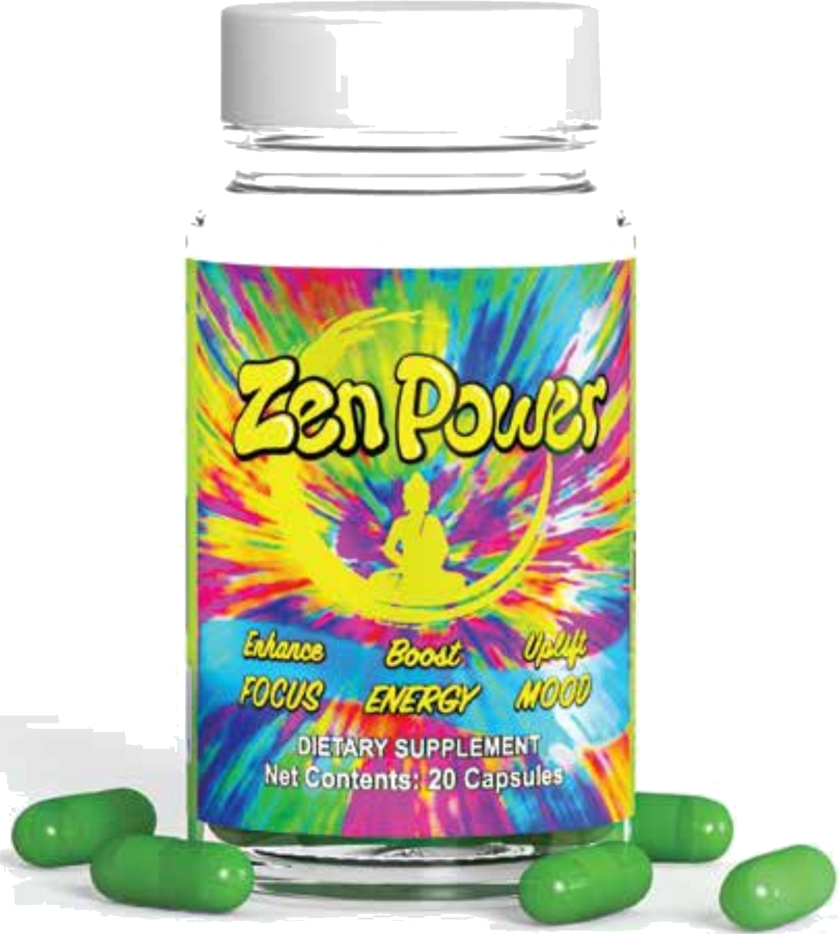 Zen Power Capsules 20 count bottle with tie-dye ZenPower label and green capsules